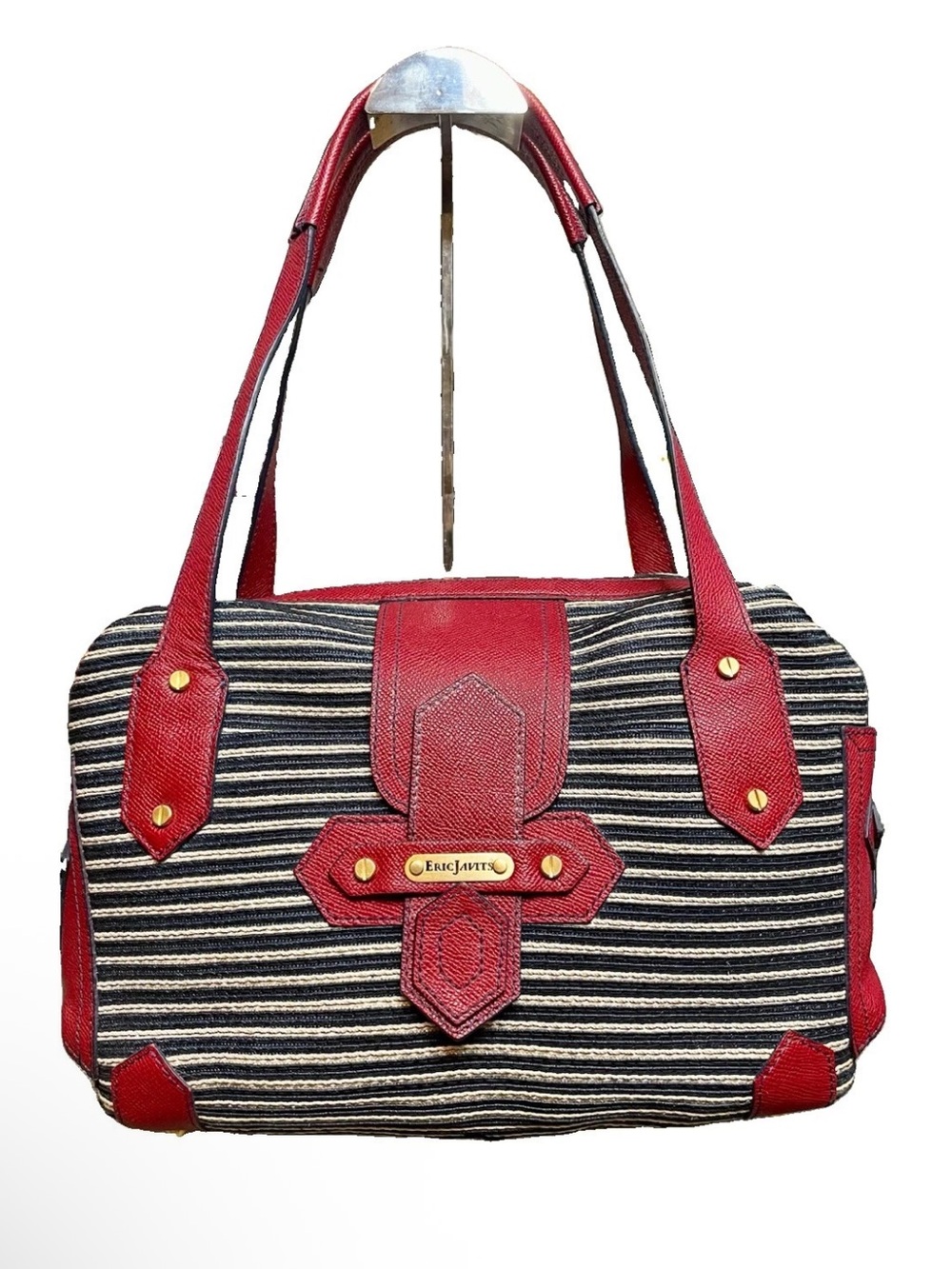 Eric Javits Dual Handle Striped Woven 'Squishee' Satchel Red Trim Gold Hardware